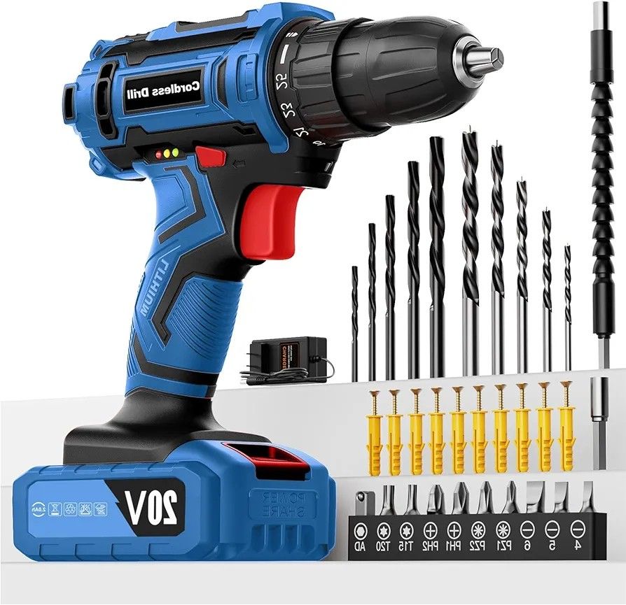 20V Cordless Drill, VIWKO Electric Power Drill Set with Battery 2.0Ah, 25+1 Position, 2 Variable Speed, 3/8 Inch Keyless Chuck, 42Pcs Accessories Led 