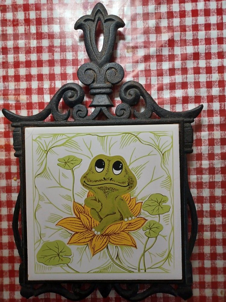 Vintage Neal The Frog Cast Iron Ceramic Tile Trivet