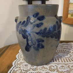 Antique Blue Decorated Stoneware Crock