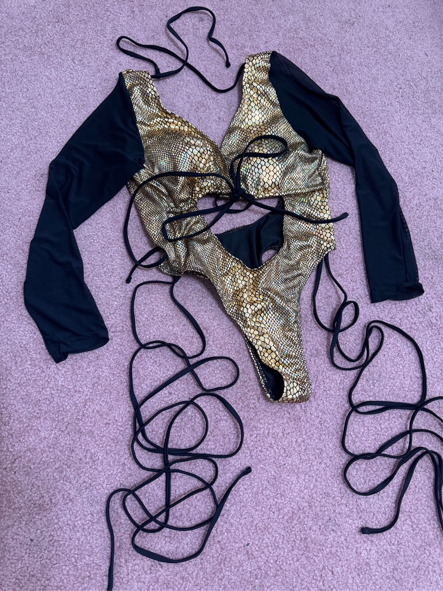 New Medium Gold Metallic Swimsuit Bathing Suit One Piece Bodysuit Boho Festival Rave Outfit Lingerie