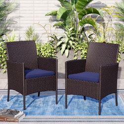 Sunshine Valley Set of 2 Rattan Brown Steel Frame Stationary Dining Chair with Blue Olefin Cushioned Seat