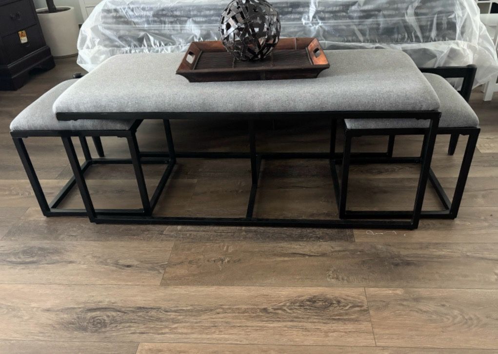 New Coffee Table with Nesting Stools Grey and Black