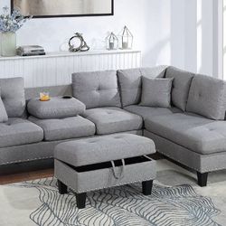Brand New Taupe Grey Linen Sectional Sofa + Storage Ottoman