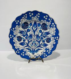 Vintage Handmade Turkish Decorative Plate Iznik Design Blue & White 12.25” .