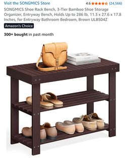Shoe Rack Bench, 3-Tier Bamboo Shoe Storage Organizer, Entryway Bench, Holds Up to 286 lb, 11.3 x 27.6 x 17.8 Inches, for Entryway Bathroom Bedroom, B
