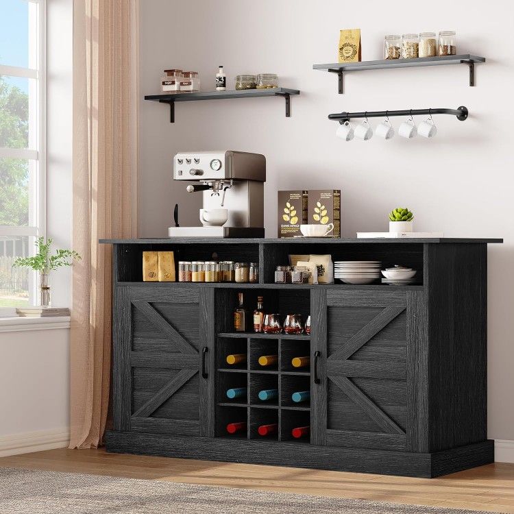 52" Farmhouse Sideboard Buffet Cabinet with Power Outlet, Coffee Bar Cabinet with Floating Shelves & Barn Doors, Bar Cabinet with Storage for Kitchen,