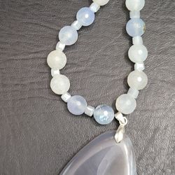 Unique Chalcedony Necklace of Lilac Grey Gemstone, 13" Long