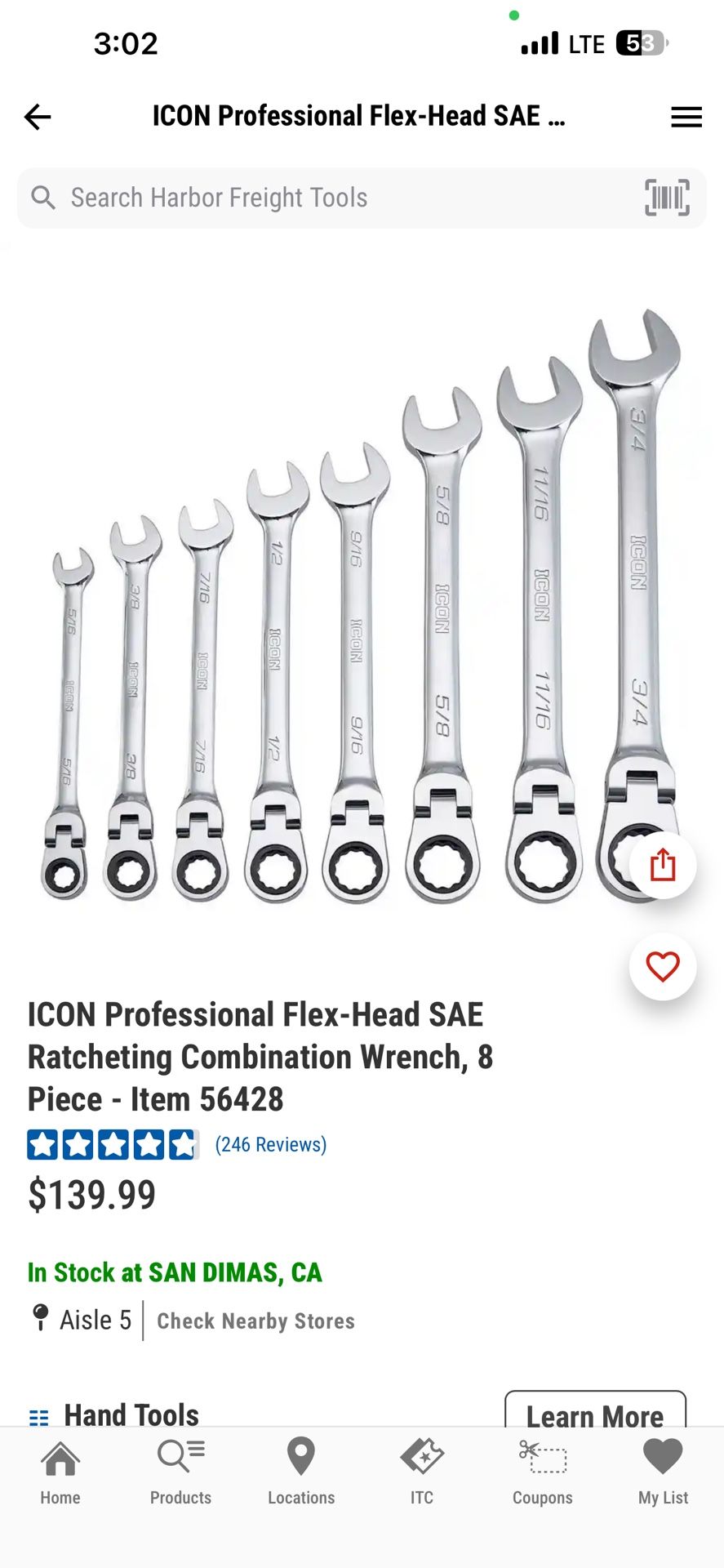 ICON Professional Flex-Head SAE Ratcheting Combination Wrench, 8 Piece - Item 56428