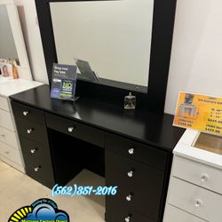 Black Vanity Desk And Mirror Diamond Knobs 🆕