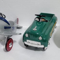 4 Vintage toy  pedal cars and plane and boat