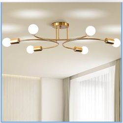 6-Light Sputnik Chandelier, Gold Mid-Century Modern Semi Flush Mount Ceiling Light, Metal Fixture with E26 Sockets