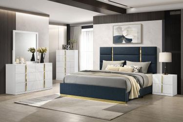 High end italian style bedroom set features sleek geometry & polished gold accent