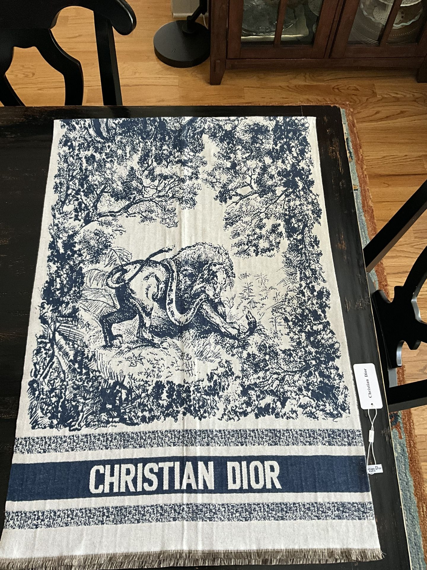 Dior Toile De Jouy Navy Blue Grey Reverse Cashmere Silk Scarf Shawl