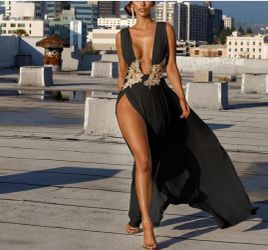 Women's sleeveless maxi dress with deep V-neck and embroidery