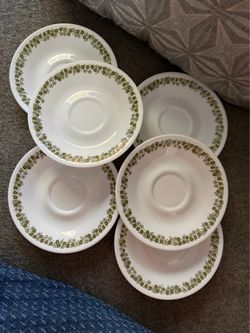 Vintage Corelle Spring Blossom (Crazy Daisy) Dinnerware - 6 Saucers 6” Inches   Vintage set of six saucers is made of white Vitrelle glass with the ic