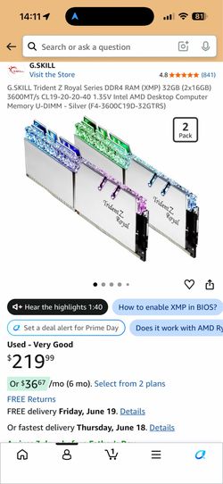 G.SKILL Trident Z Royal DDR4 32GB (2x16GB) 3600MHz CL19 RGB RAM $180