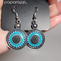 Paparazzi Silver And Turquoise Round Drop Earrings For Women Jewelry 