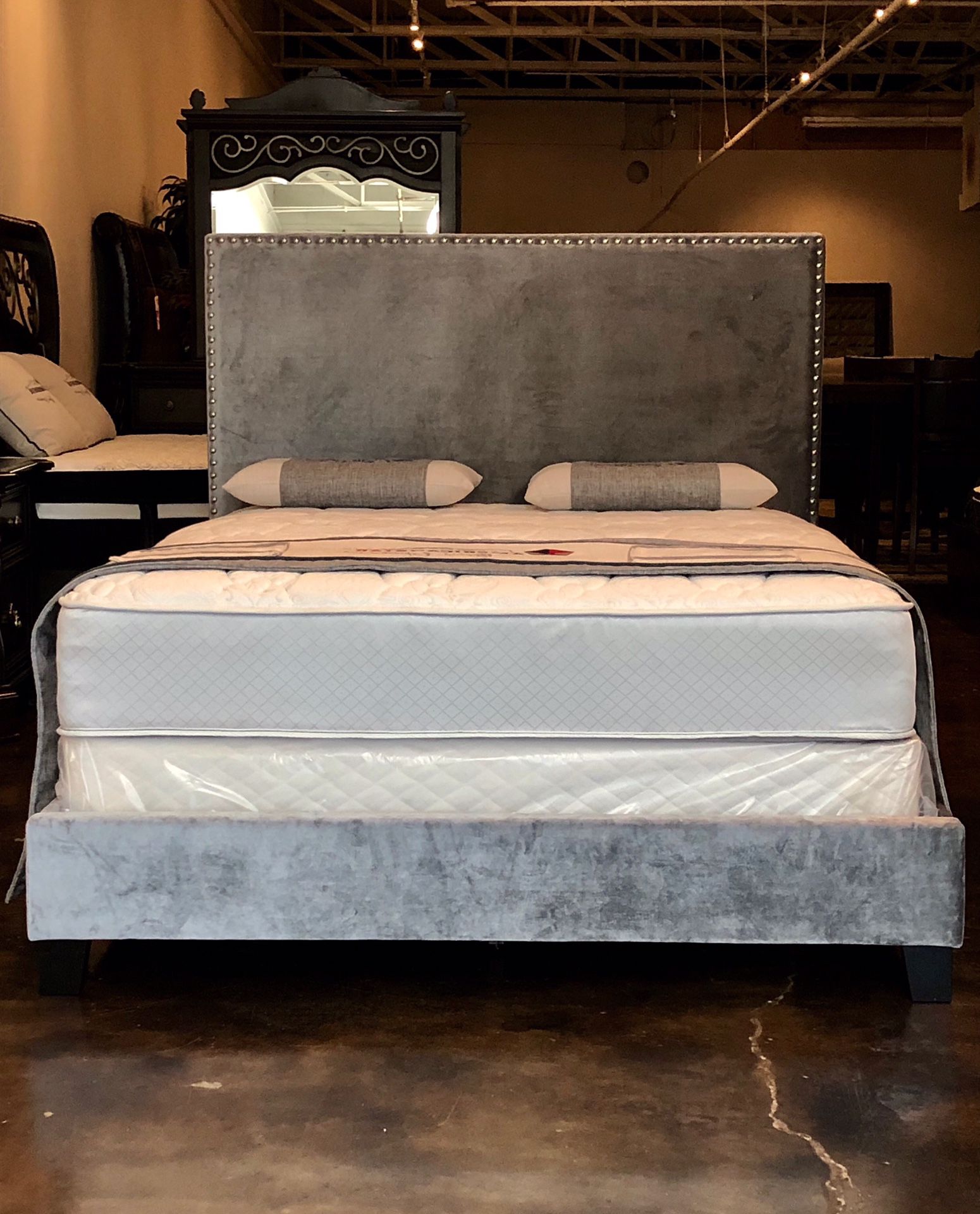 King gray velvet studded bed with mattress and free delivery
