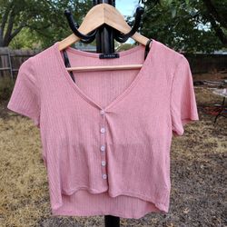 Papaya Pink Ribbed Button-Front Crop Top Size Medium