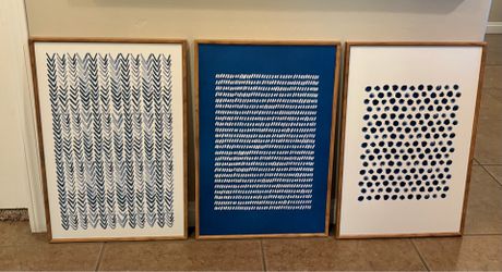 Blue art in wood frame set of 3 25$