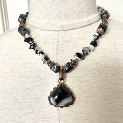 Snowflake Obsidian Agate Pendant Necklace 