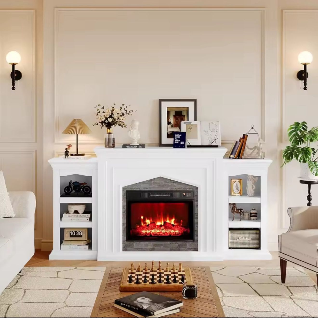 🔥 80” Electric Fireplace TV Stand with Mantel & Storage Shelves – White