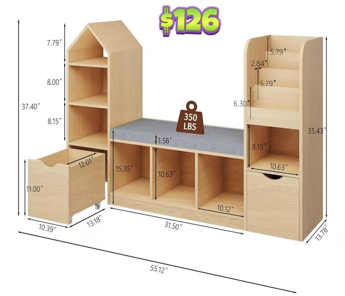 😀 Vabches Toy Storage Organizer for Kids Bookshelf with Reading Nook, Multifunctional Kids Bookcase with 7 Storage Cubbies, 2 Movable Drawers