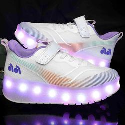 Roller Shoes Girls Sneakers USB Rechargeable 2 Wheels Shoes Roller Skates for Beginner Trainers 16 Modes LED