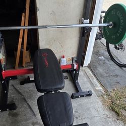 Bench, Rack, Bar,  And 25lb Bumper Plates 