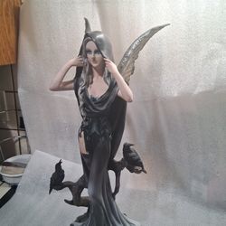 24"H Dark Angel Fairy with Two Crows Statue 