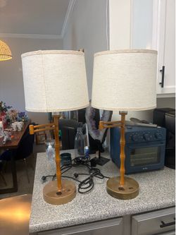 Vintage Faux-Bamboo Swing-Arm Table Lamps — Pair (1980s–90s)
