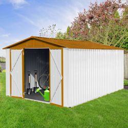 "Spacious White & Yellow Metal Garden Storage, 10ft x 12ft Dimensions, Keep Your Garden Tidy and Your Tools in Order"
