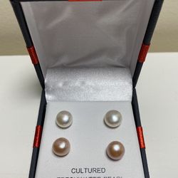 2 Pairs Pearl Earrings Stud Sterling Silver