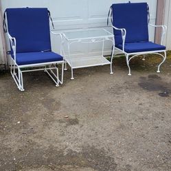 Vintage Solid Iron Patio Chairs With New Cushions and Side Table Set 