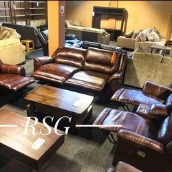 Brown Leather Power Reclining Sofa, Loveseat,Chair Living Room Furniture ⭐No Needed Credit Check 💛 $39 Down Payment with Financing2018