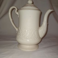 

Wedgwood Etruria and Barlaston Patrician Teapot & Lid White Ivory Tall Embossed Floral Scroll Porcelain China Vintage