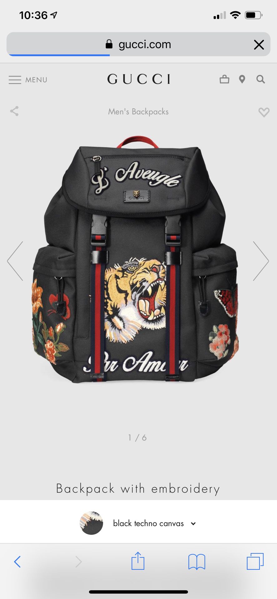 Gucci Black Backpack w/ Tiger Embroidery