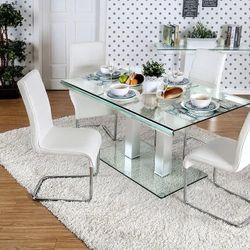 CONTEMPORARY SILVER CHROME WHITE GLASS TOP 7 PIECE DINING TABLE SET - JUEGO DE MESA COMEDOR