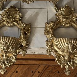 Vintage Gold Hollywood Regency Cherub Wall Pockets ~Big Pair