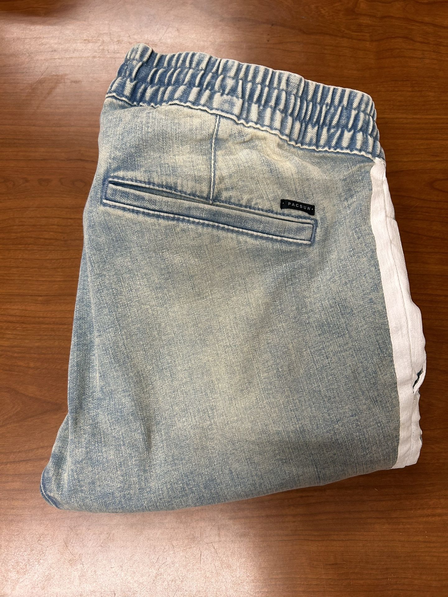 PACSUN LA Men Jogger Pants Large Blue Distress Fade Denim Stripe Taper Zip Ankle