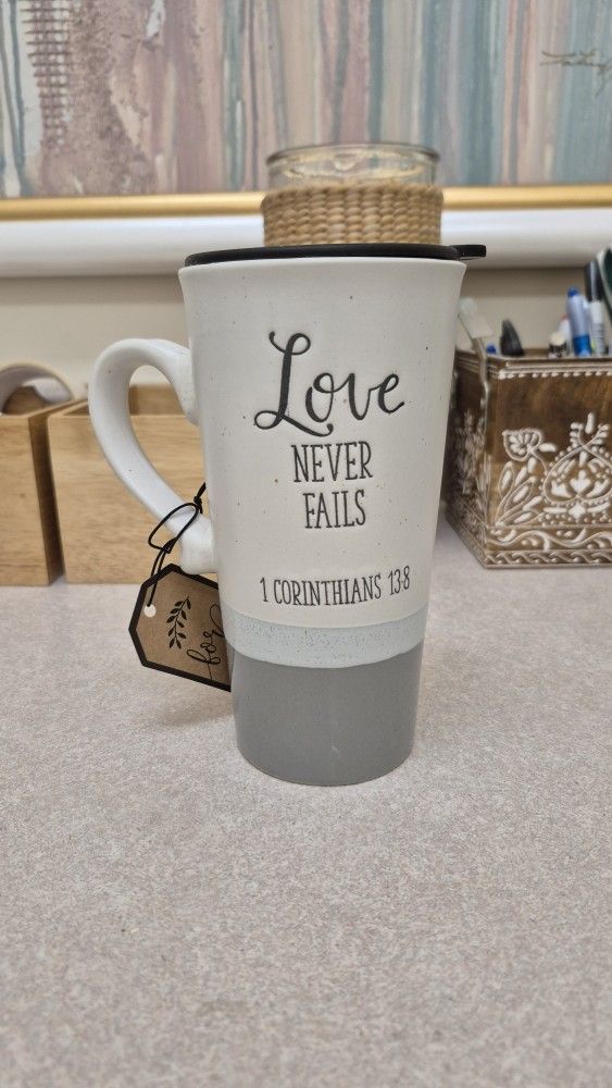 New- SHEFFIELD HOME CERAMIC 1COR.13:8" LOVE NEVER FAILS" COFFEE MUG