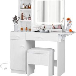 Vanity Desk with LED Lighted Mirror & Power Outlet, Makeup Table with Drawers & Cabinet,Storage Stool,for Bedroom, White
NEW