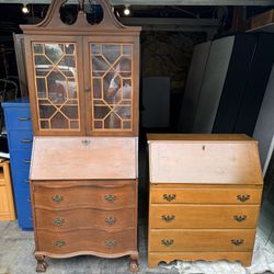 2 Antique / vintage solid wood secretary desk w/3  drawer dresser $95, taller display curio w/key  Claw Feet $150 