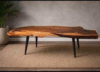 $250 takes it today. Need space for new builds Live Edge Coffee Table – Solid Slab – MCM Legs