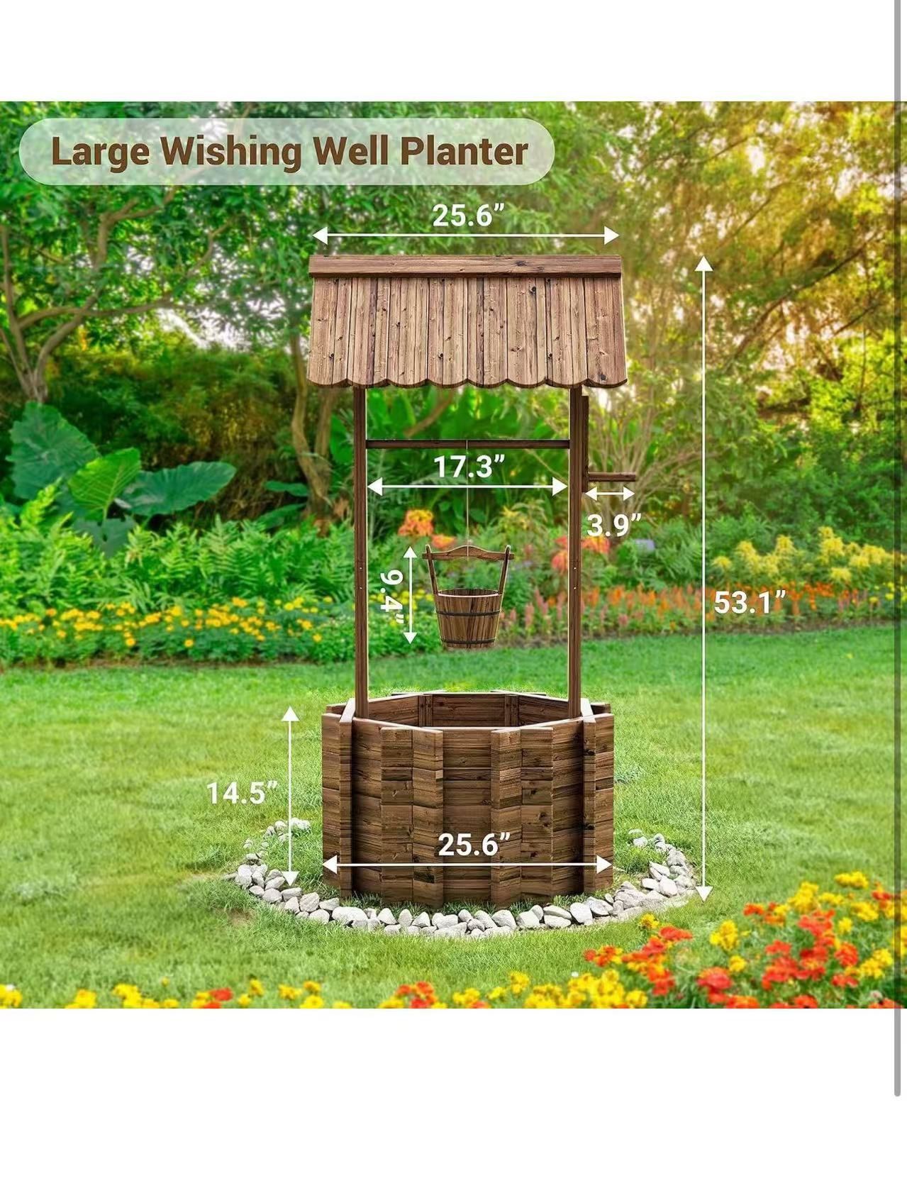 Wishing Wells for Outside, Wooden Wishing Well Planter for Yard, Upgrade Wishing Well with 4 Reinforced Rod & Hanging Bucket for Garden Patio Lawn Bac
