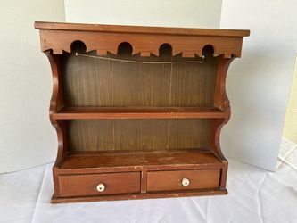 Vintage 15.5" Tall Wood Trinket Hanging wooden Wall 2 Shelf 2 Drawers
