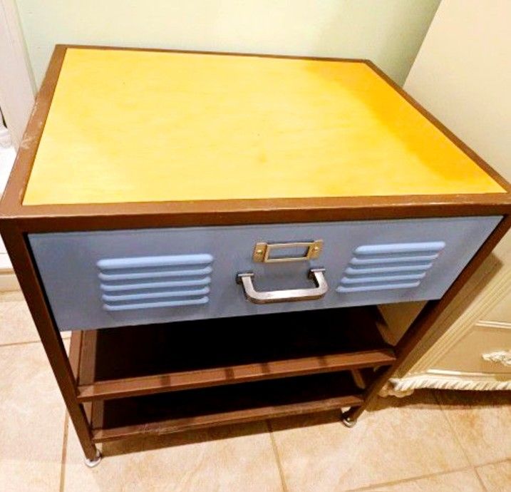 Pottery Barn Teen Industrial Metal Nightstand Blue Brown End Side Table Iron Bed Modern Contemporary