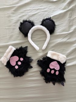 Black and White Furry Paw Gloves and Ear Headband Set