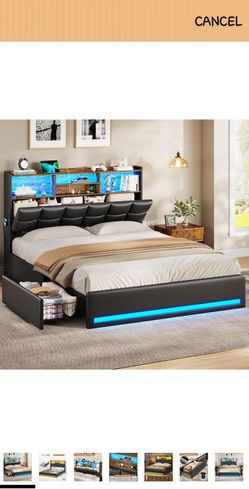 Twin Size Bed Frame with Bookcase Headboard and Storage, Upholstered Platform Bed Frame Twin Size with Charging Station, 4 Drawers and LED Lights, Hea