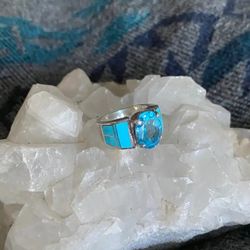 Topaz Gemstone and Turquoise Sterling Silver Ring Size 6 